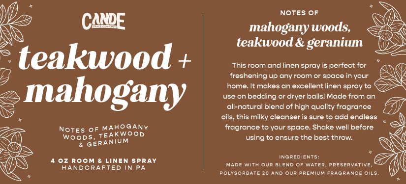 Teakwood + Mahogany 4 oz Room & Linen Spray label