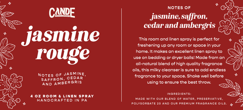 Jasmine Rouge 4 oz Room & Linen Spray label