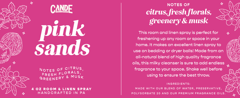 Pink Sands 4 oz Room & Linen Spray label