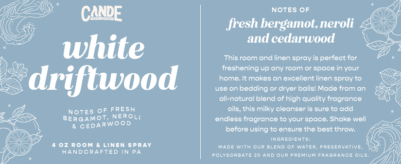 White Driftwood 4 oz Room & Linen Spray label