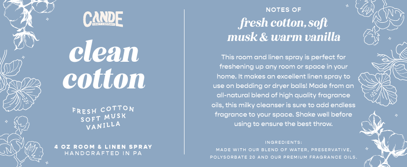 Clean Cotton 4 oz Room & Linen Spray label