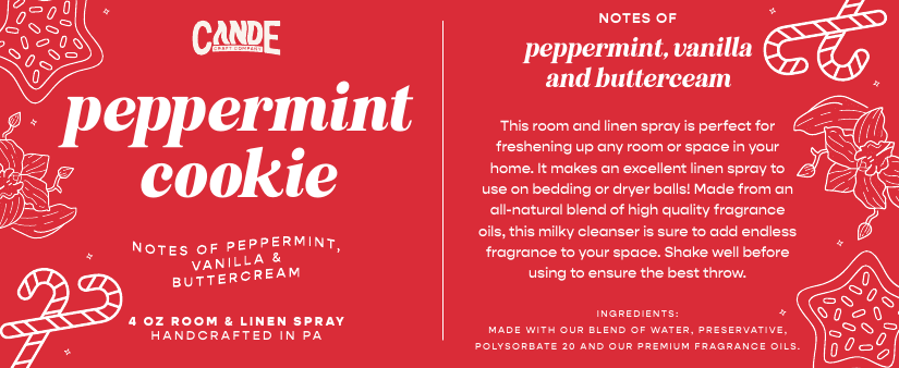 Peppermint Cookie 4 oz Room & Linen Spray label