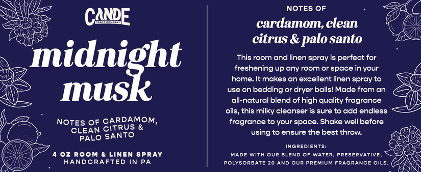 Midnight Musk 4 oz Room & Linen Spray label