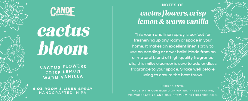 Cactus Bloom 4 oz Room & Linen Spray label