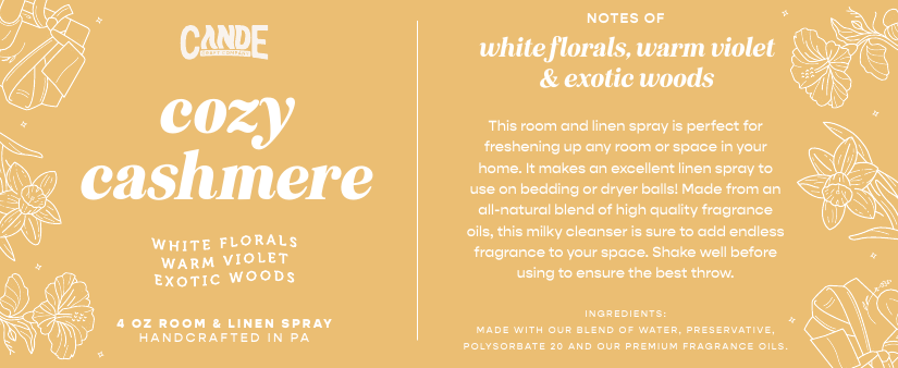 Cozy Cashmere 4 oz Room & Linen Spray label