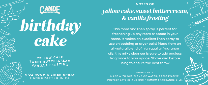 Birthday Cake 4 oz Room & Linen Spray label