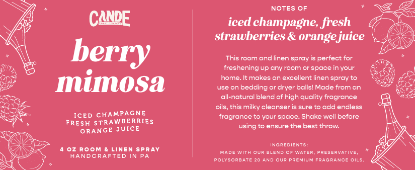 Berry Mimosa 4 oz Room & Linen Spray label